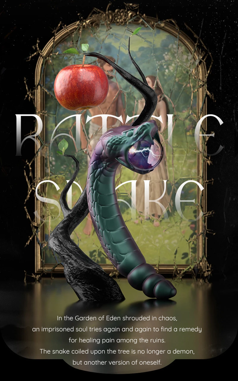 Fantasy snake sculpture with apple, twisted tree, and crystal orb display Discreet Sex Toys Brand - HooHss