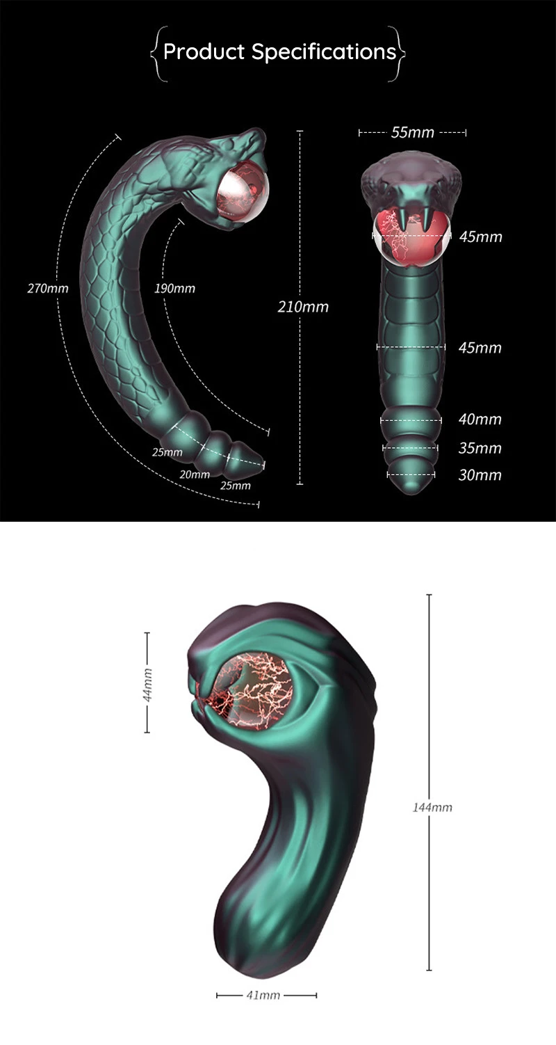 Snake-themed silicone dildo dimensions and product specifications chart Discreet Sex Toys Brand - HooHss