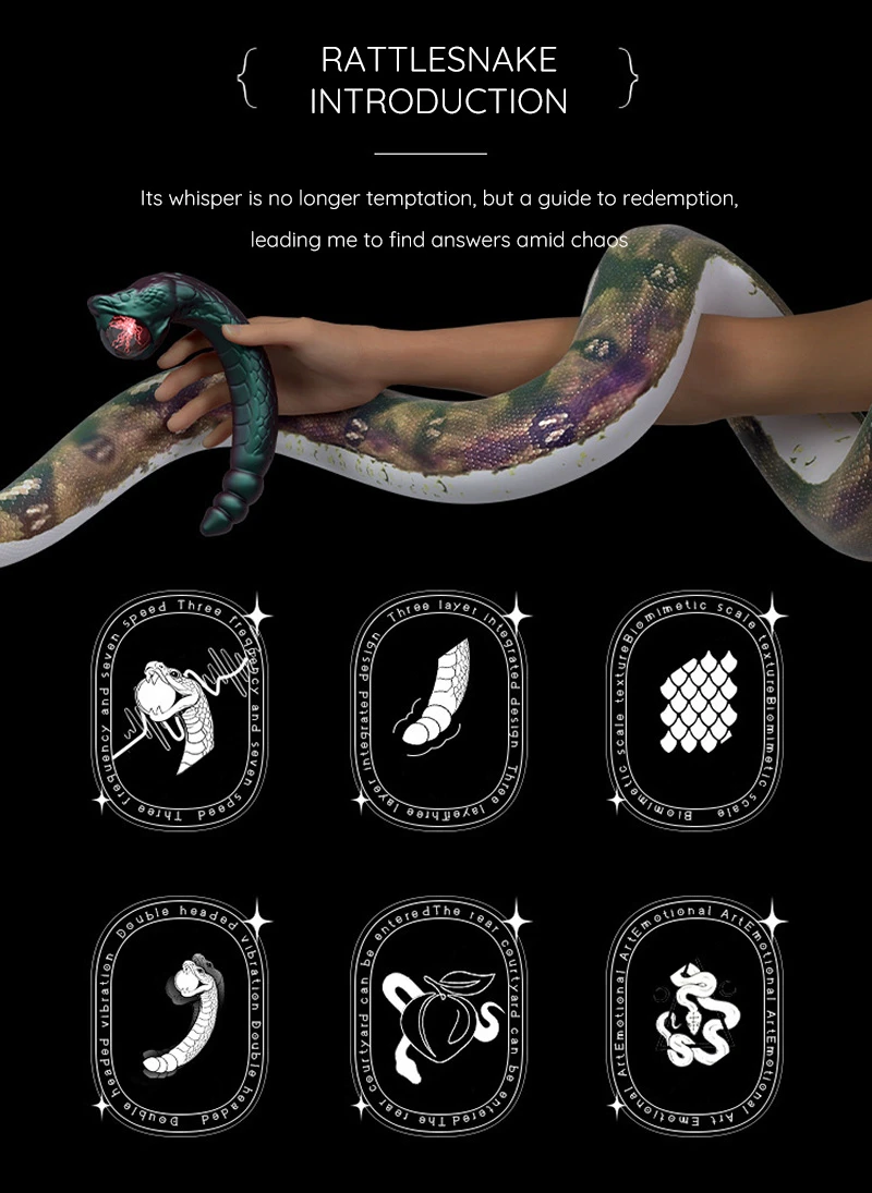 Rattlesnake introduction poster with hand holding snake and feature icons Discreet Sex Toys Brand - HooHss