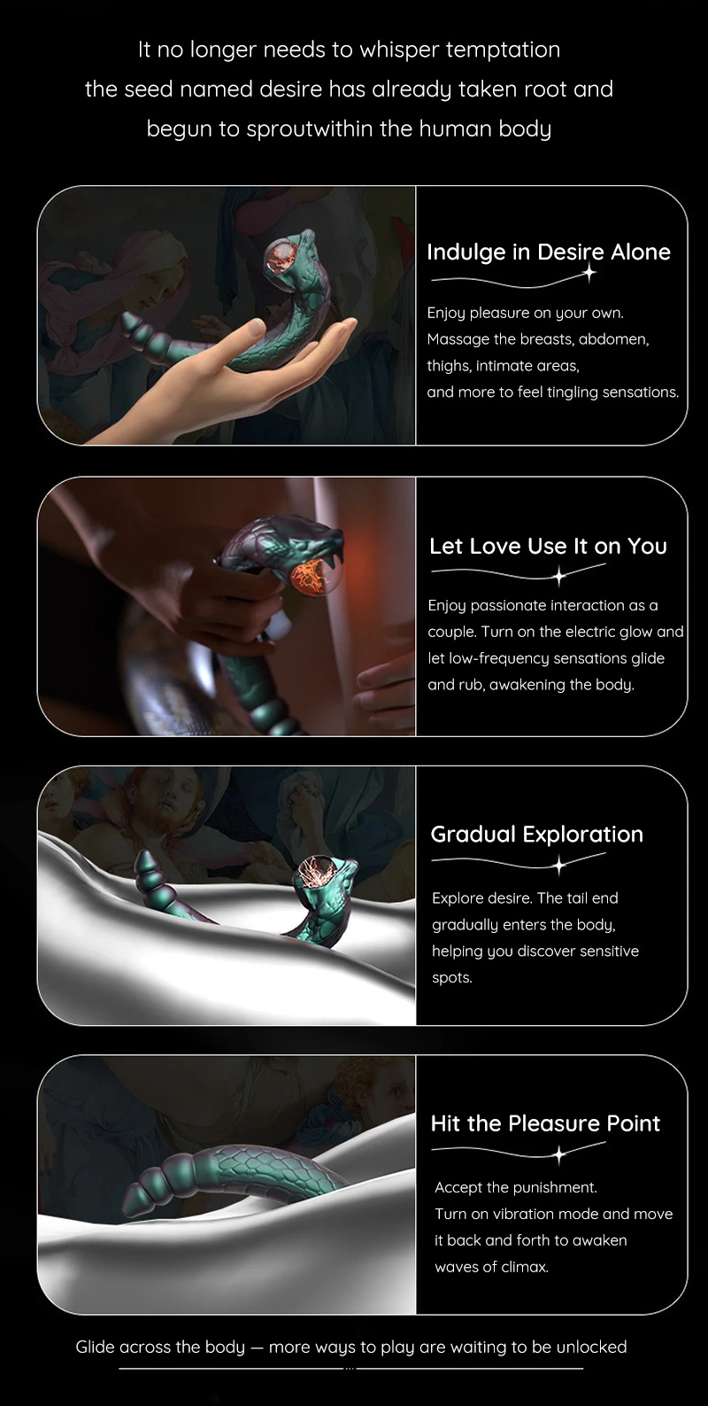 Infographic showing curved fantasy adult vibrator features and usage descriptions Discreet Sex Toys Brand - HooHss