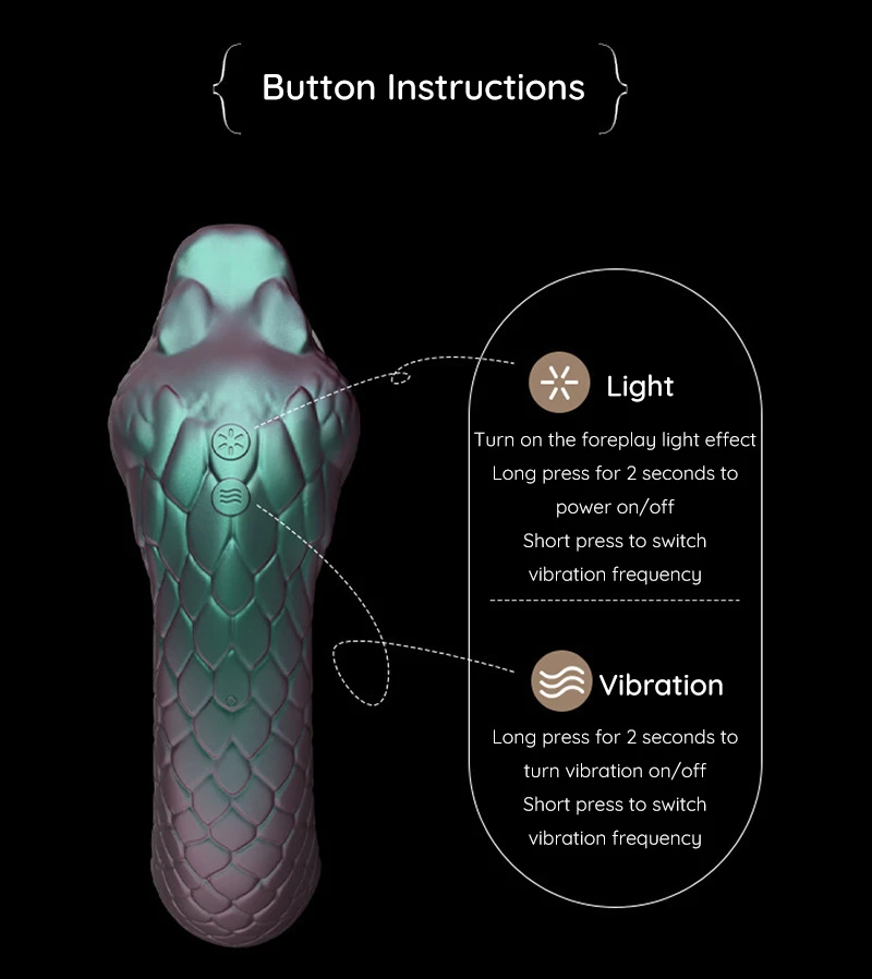 Snake textured vibrator with button instructions for light and vibration controls Discreet Sex Toys Brand - HooHss