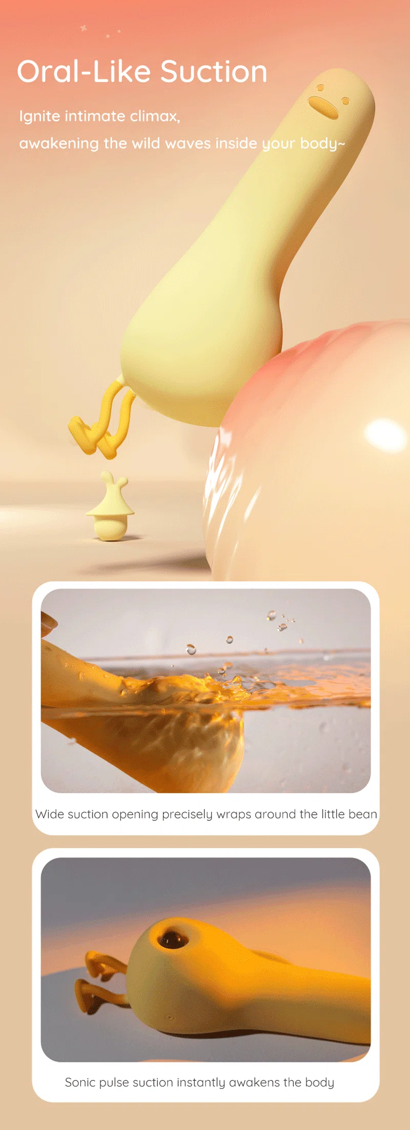 Duck-shaped oral suction vibrator product feature graphic Discreet Sex Toys Brand - HooHss