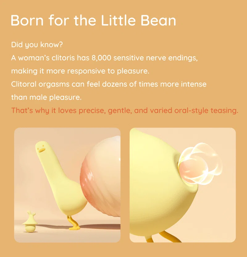 roduct infographic with duck-shaped oral stimulator illustration and clitoral pleasure text Discreet Sex Toys Brand - HooHss
