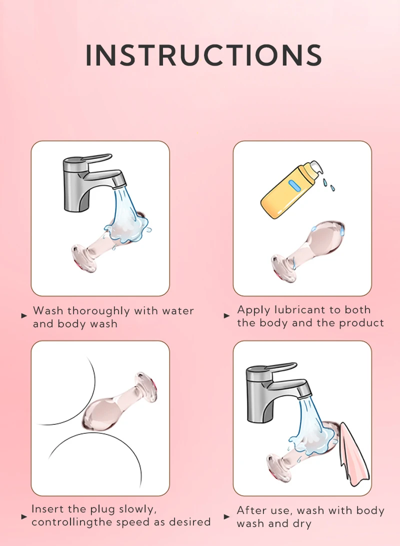 Anal plug instructions showing washing, lubricant application, insertion, and cleaning steps Discreet Sex Toys Brand - HooHss