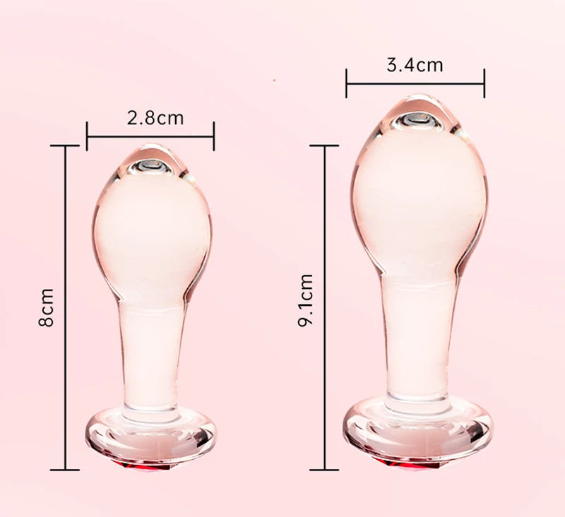 Clear glass anal plug size comparison with 8cm and 9.1cm lengths Discreet Sex Toys Brand - HooHss