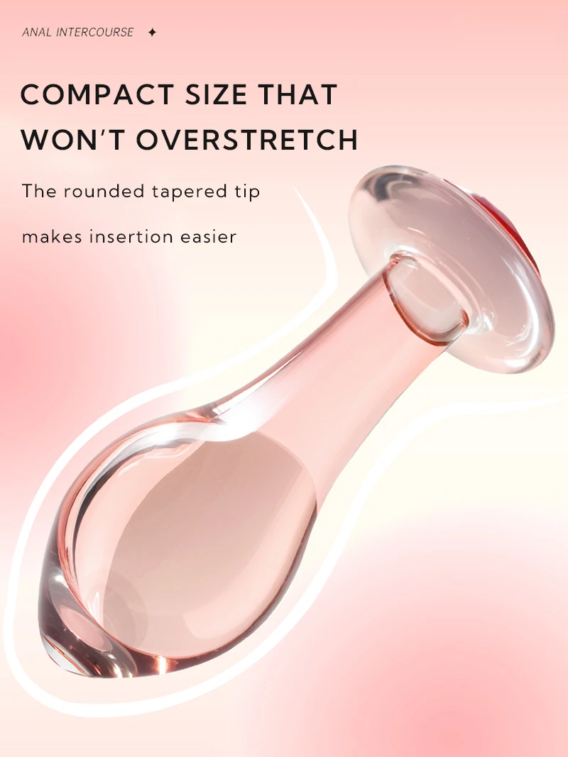 Pink glass anal plug with rounded tapered tip and compact size infographic Discreet Sex Toys Brand - HooHss