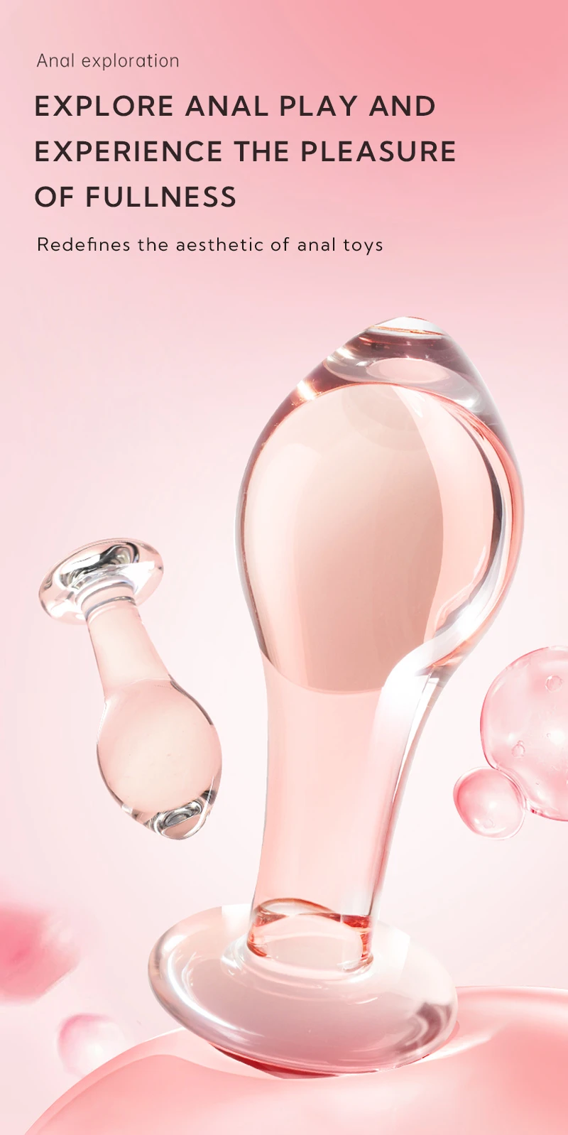 Clear glass anal plug with bulb tip on soft pink promotional background Discreet Sex Toys Brand - HooHss