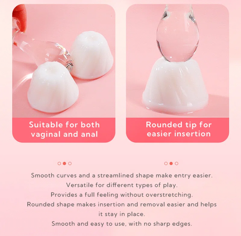 Clear glass anal plug with rounded tip and flared base infographic Discreet Sex Toys Brand - HooHss