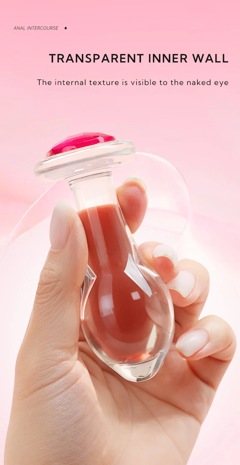 Transparent glass anal plug with visible inner chamber and pink jewel base Discreet Sex Toys Brand - HooHss