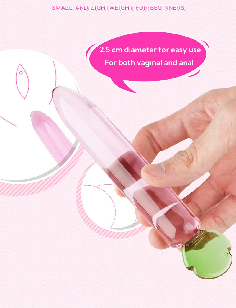 Small pink glass dildo with rounded tip and green fruit-shaped base held in hand Discreet Sex Toys Brand - HooHss