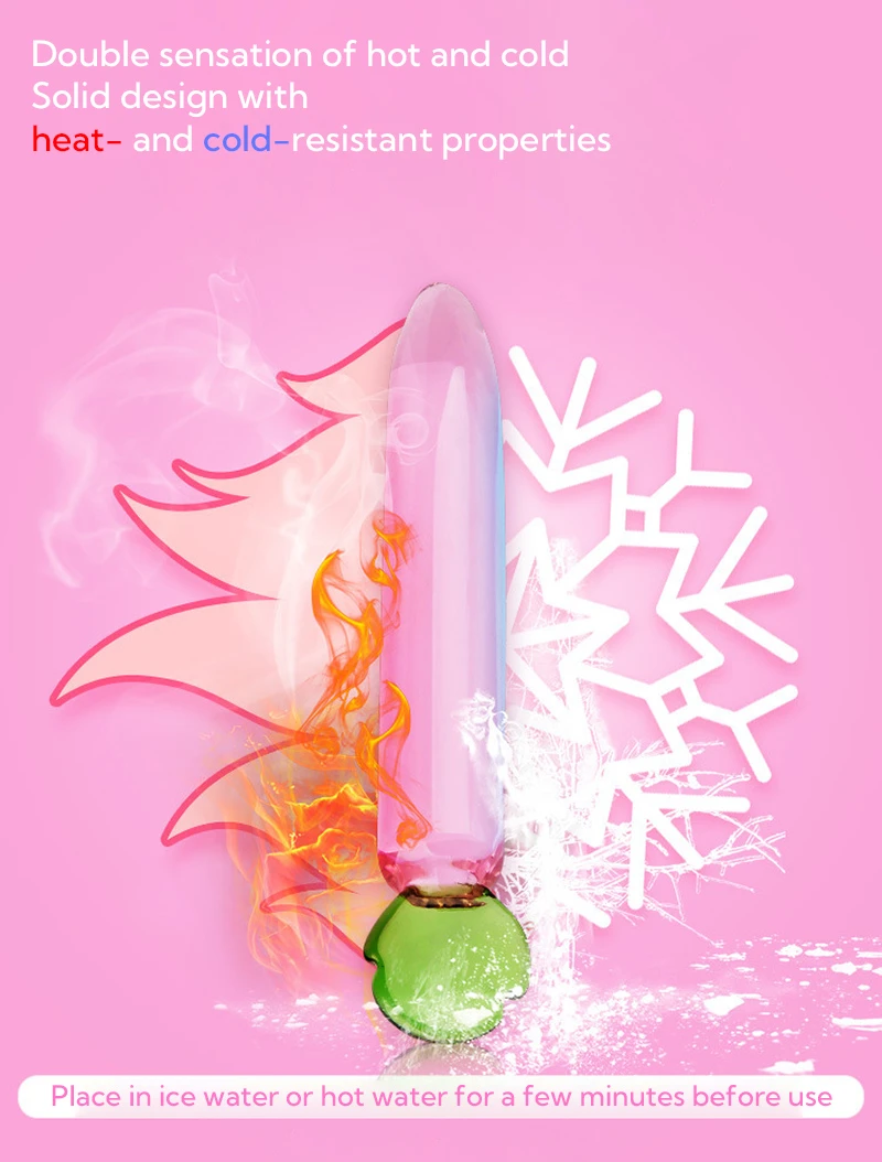 Glass wand with hot and cold play design and green rounded tip Discreet Sex Toys Brand - HooHss