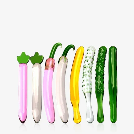 Colorful fruit and vegetable glass dildo wand set with textured and curved designs Discreet Sex Toys Brand - HooHss