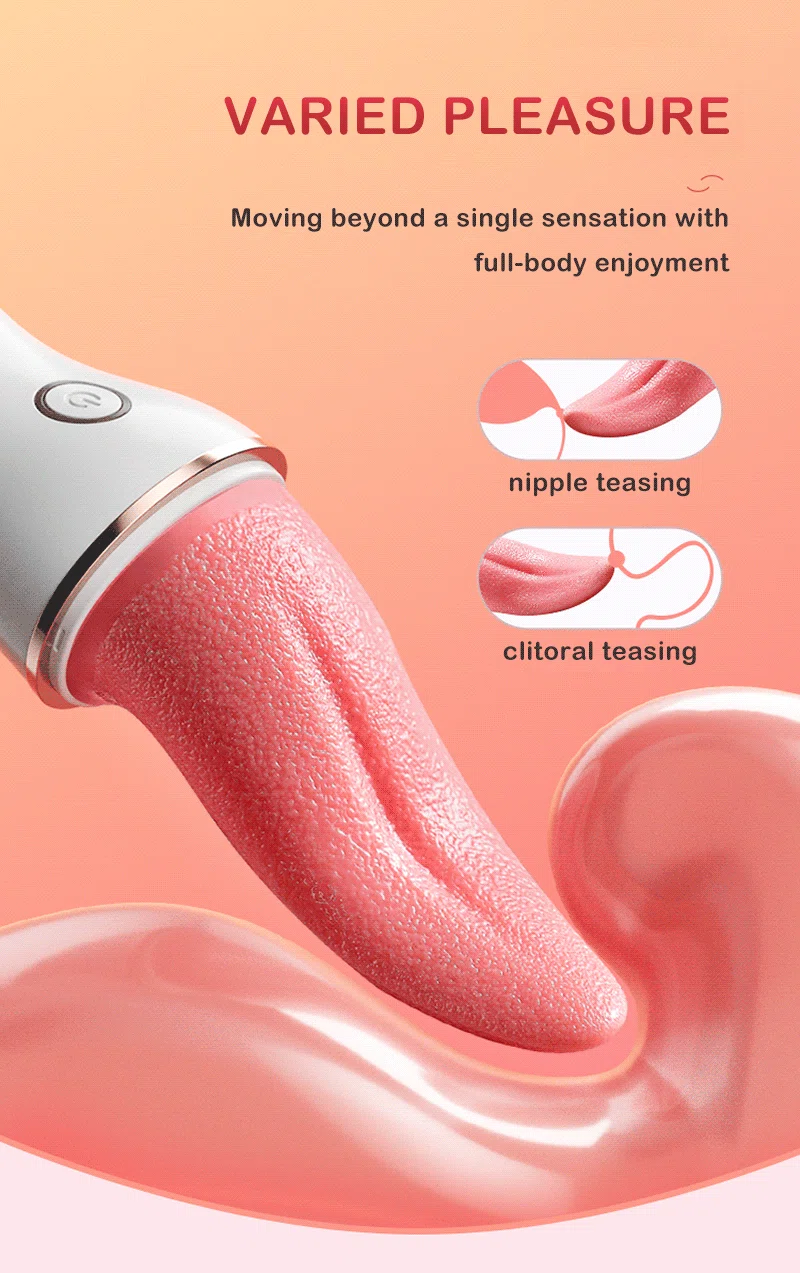 Tongue licking vibrator with textured tip and teasing motion diagram Discreet Sex Toys Brand - HooHss