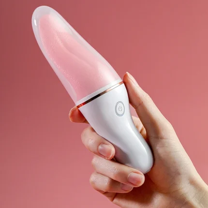 Handheld pink tongue vibrator with textured tip and white handle Discreet Sex Toys Brand - HooHss