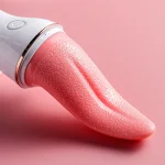 Close-up of tongue licking vibrator tip on pink background Discreet Sex Toys Brand - HooHss