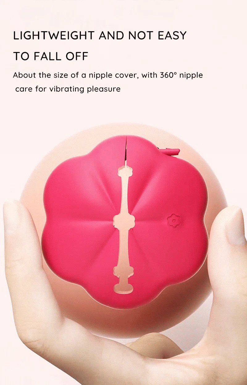 Flower-shaped vibrating nipple clip shown in hand with lightweight secure fit text Discreet Sex Toys Brand - HooHss