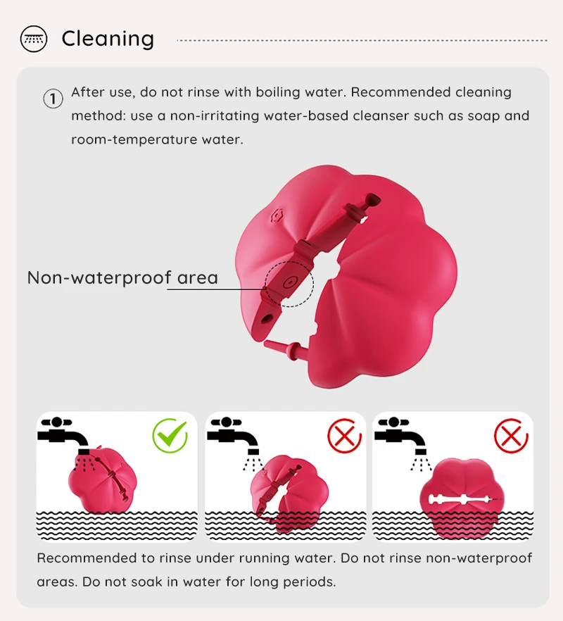 Flower shaped nipple clip cleaning instructions showing non-waterproof area and rinsing guidance Discreet Sex Toys Brand - HooHss