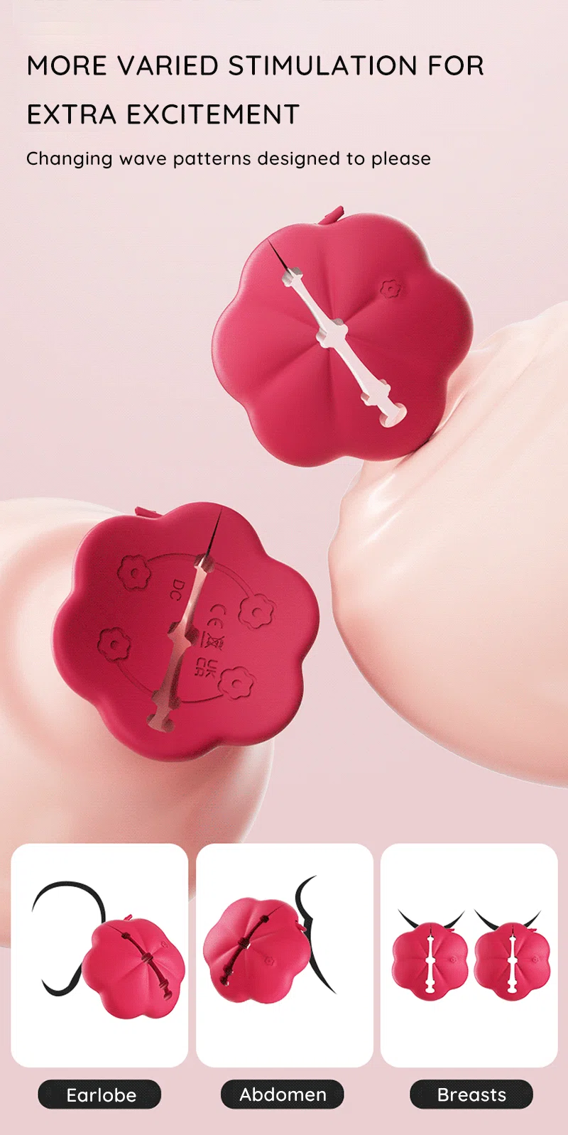Flower-shaped nipple clips shown on breasts with illustrated placement options Discreet Sex Toys Brand - HooHss