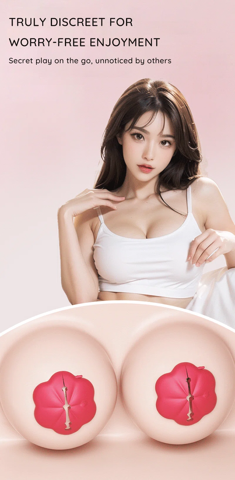 Flower-shaped nipple clips shown worn discreetly under a white top Discreet Sex Toys Brand - HooHss