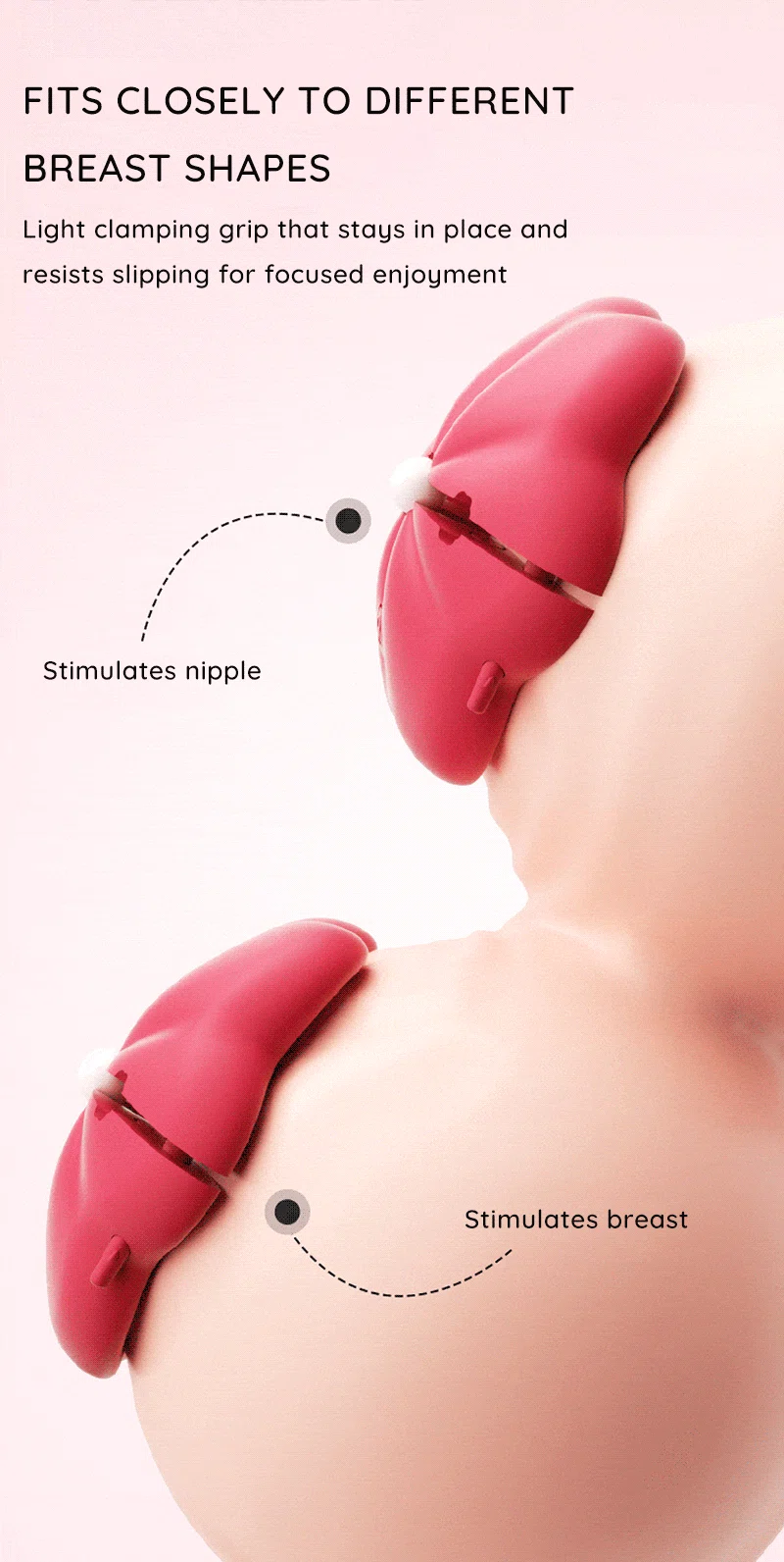 Pink flower-shaped nipple clamps shown worn on breasts with labeled stimulation points Discreet Sex Toys Brand - HooHss