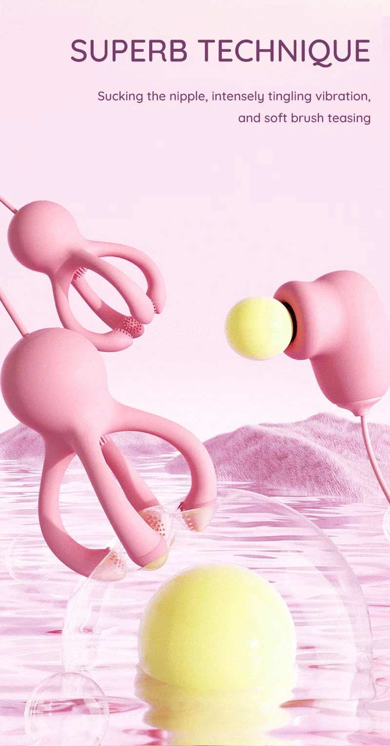 Pink octopus nipple vibrator with suction head and soft teasing brush tips Discreet Sex Toys Brand - HooHss