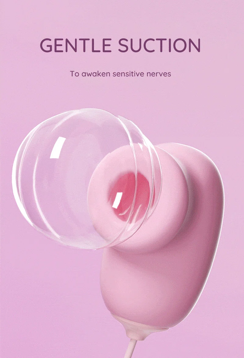 Pink nipple suction vibrator with gentle suction feature text Discreet Sex Toys Brand - HooHss