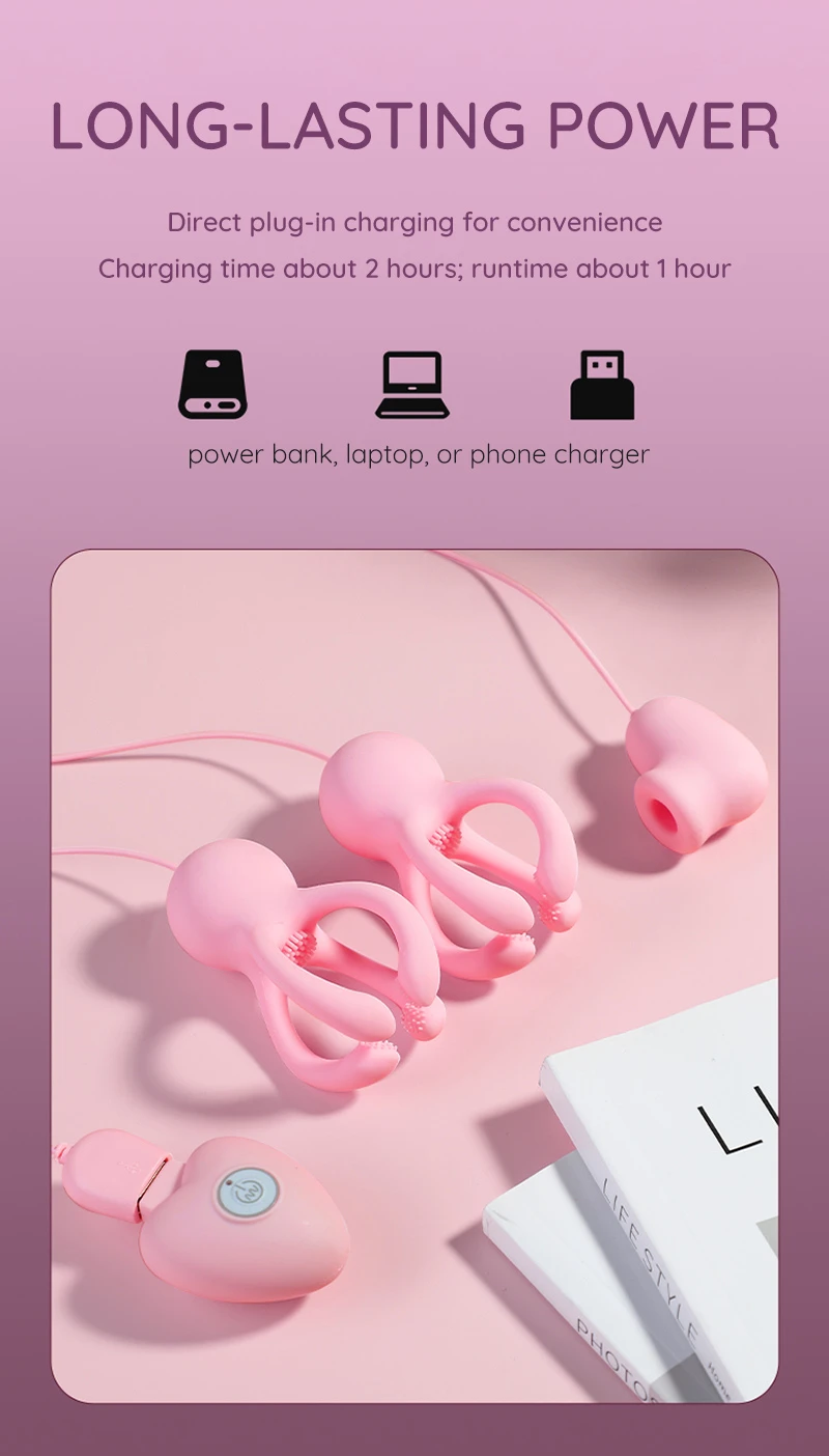 Pink rechargeable nipple vibrator set with USB charging and controller display Discreet Sex Toys Brand - HooHss