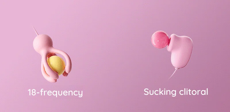 Pink nipple vibrator and sucking clitoral stimulator shown with feature labels Discreet Sex Toys Brand - HooHss