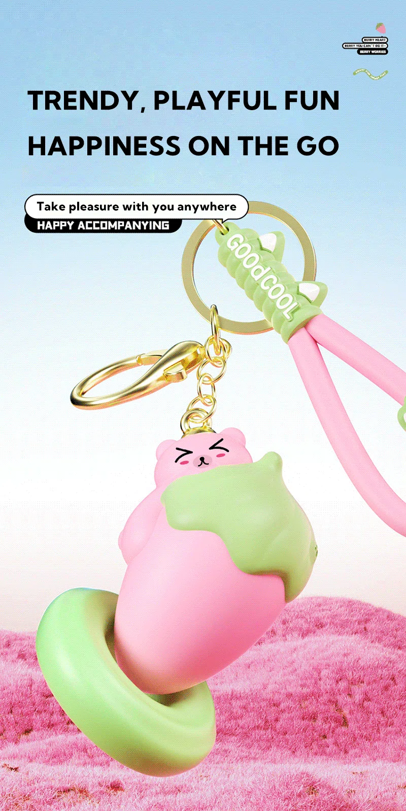 Cute strawberry keychain vibrating egg with pink and green design Discreet Sex Toys Brand - HooHss