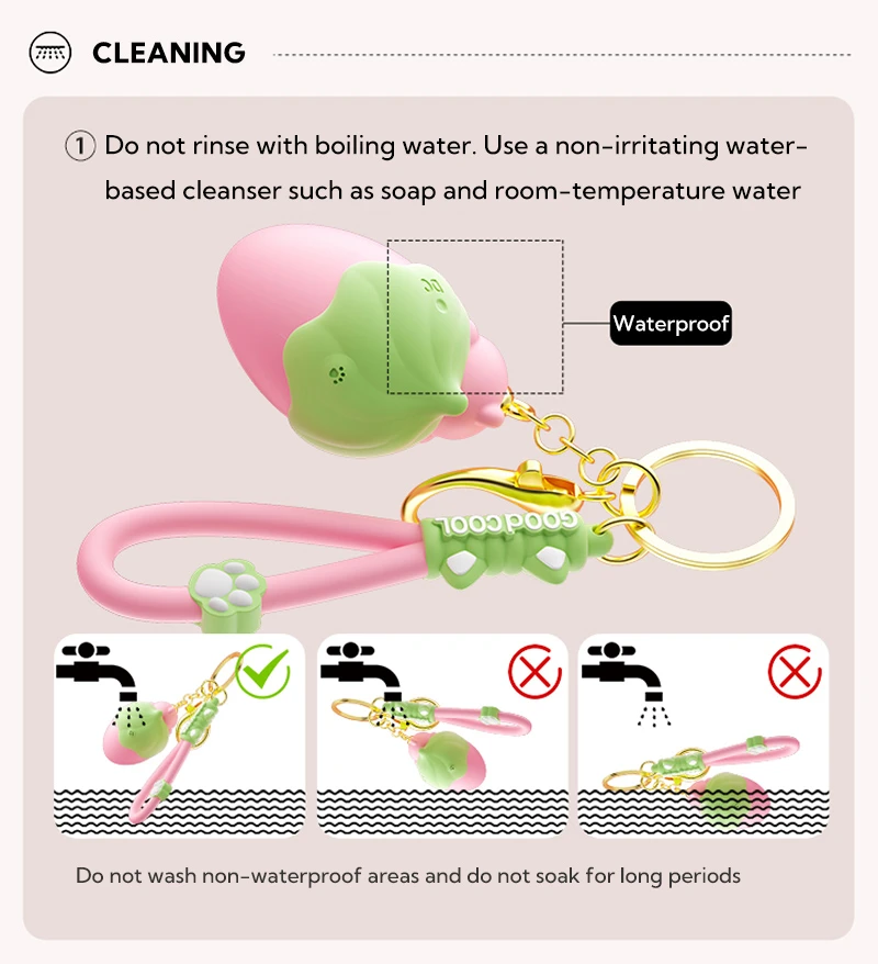 Waterproof strawberry keychain vibrating egg cleaning instructions infographic Discreet Sex Toys Brand - HooHss