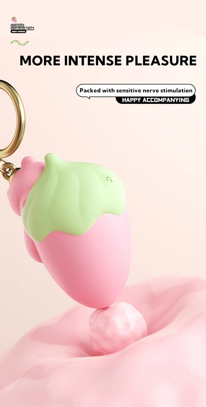 Strawberry-shaped vibrating egg keychain with textured tip and promotional text Discreet Sex Toys Brand - HooHss