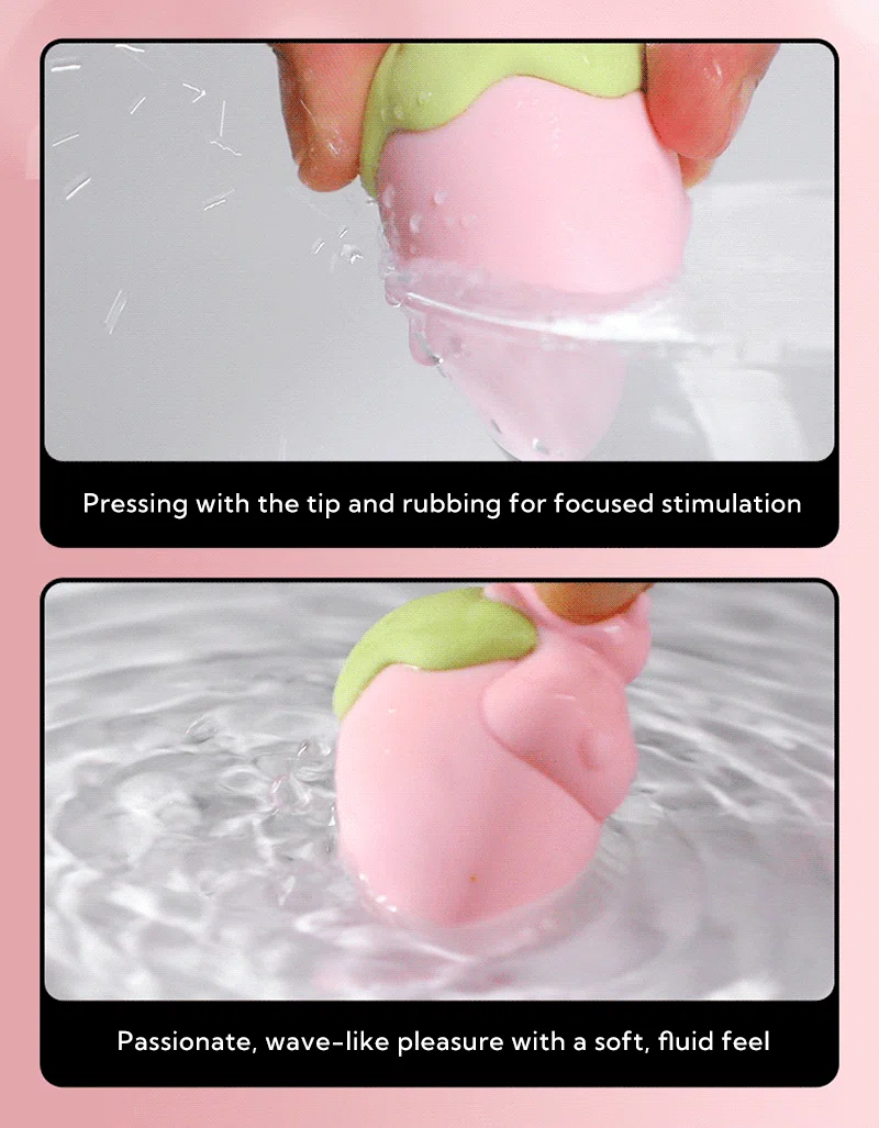 Pink strawberry-shaped vibrating egg toy shown being rubbed and dipped in water Discreet Sex Toys Brand - HooHss