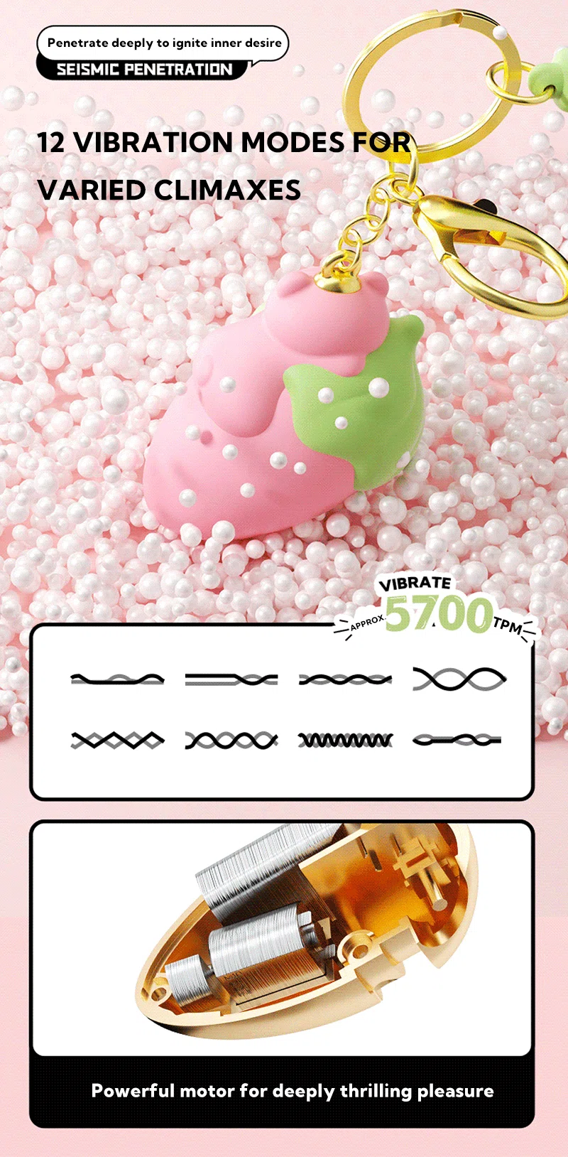 Strawberry keychain vibrating egg with 12 vibration modes infographic Discreet Sex Toys Brand - HooHss