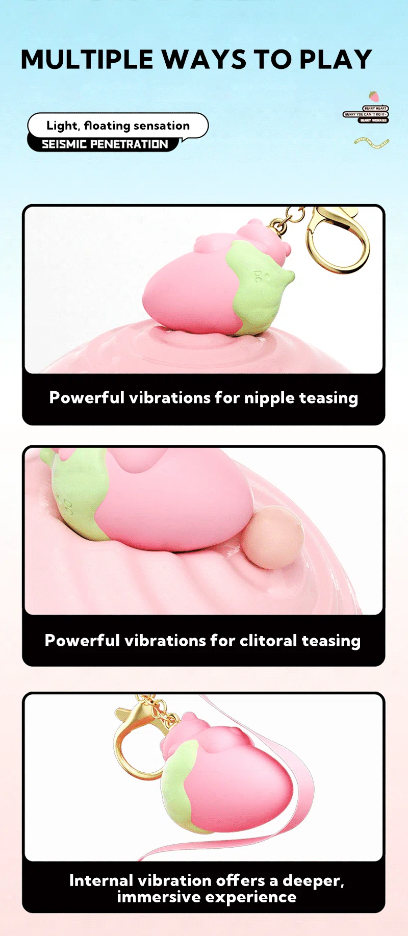 Strawberry keychain vibrating egg shown for nipple, clitoral, and internal stimulation Discreet Sex Toys Brand - HooHss