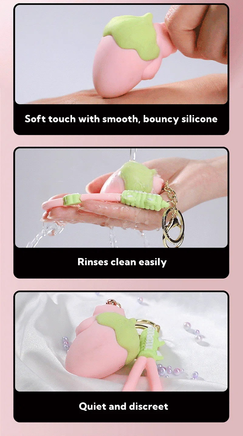 Strawberry-shaped vibrating egg keychain shown soft, easy to rinse, and discreet Discreet Sex Toys Brand - HooHss
