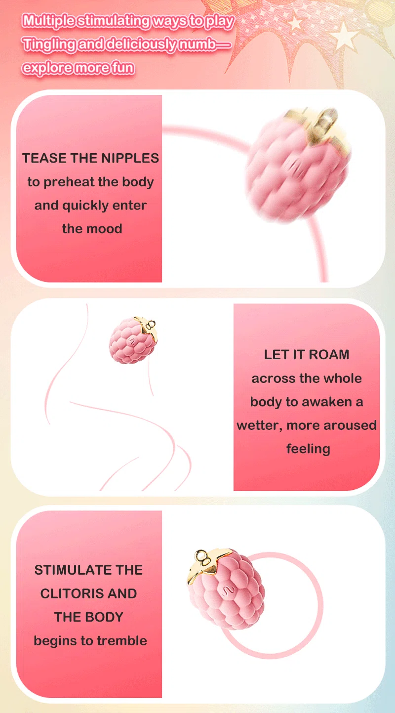 Berry-shaped vibrating bracelet shown with body teasing and clitoral stimulation feature text Discreet Sex Toys Brand - HooHss