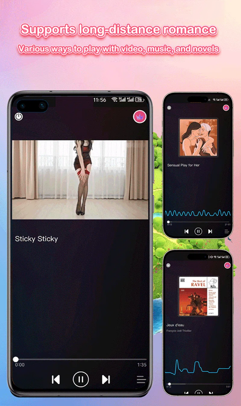 App-controlled vibrating bracelet app screens with video, music, and novel sync modes Discreet Sex Toys Brand - HooHss