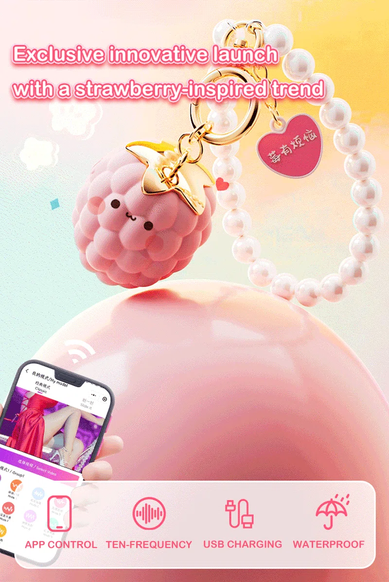 Strawberry-inspired vibrating bracelet with pearl-style loop, app control, USB charging, and waterproof icons Discreet Sex Toys Brand - HooHss