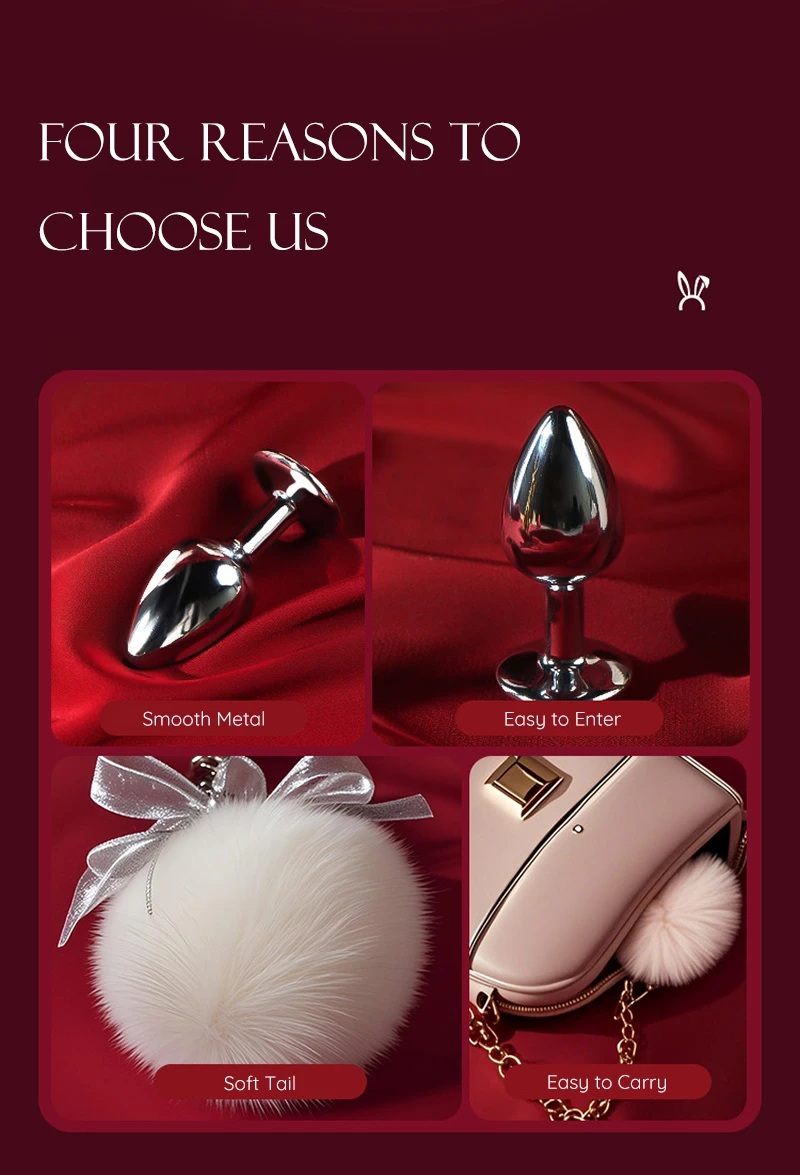 Collage showing metal anal plug, soft bunny tail, and easy-to-carry design Discreet Sex Toys Brand - HooHss