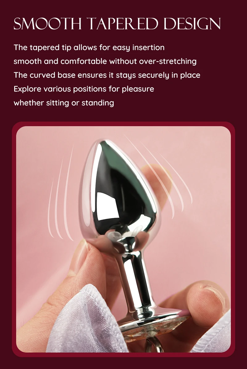Smooth tapered metal anal plug held in hand with curved base Discreet Sex Toys Brand - HooHss