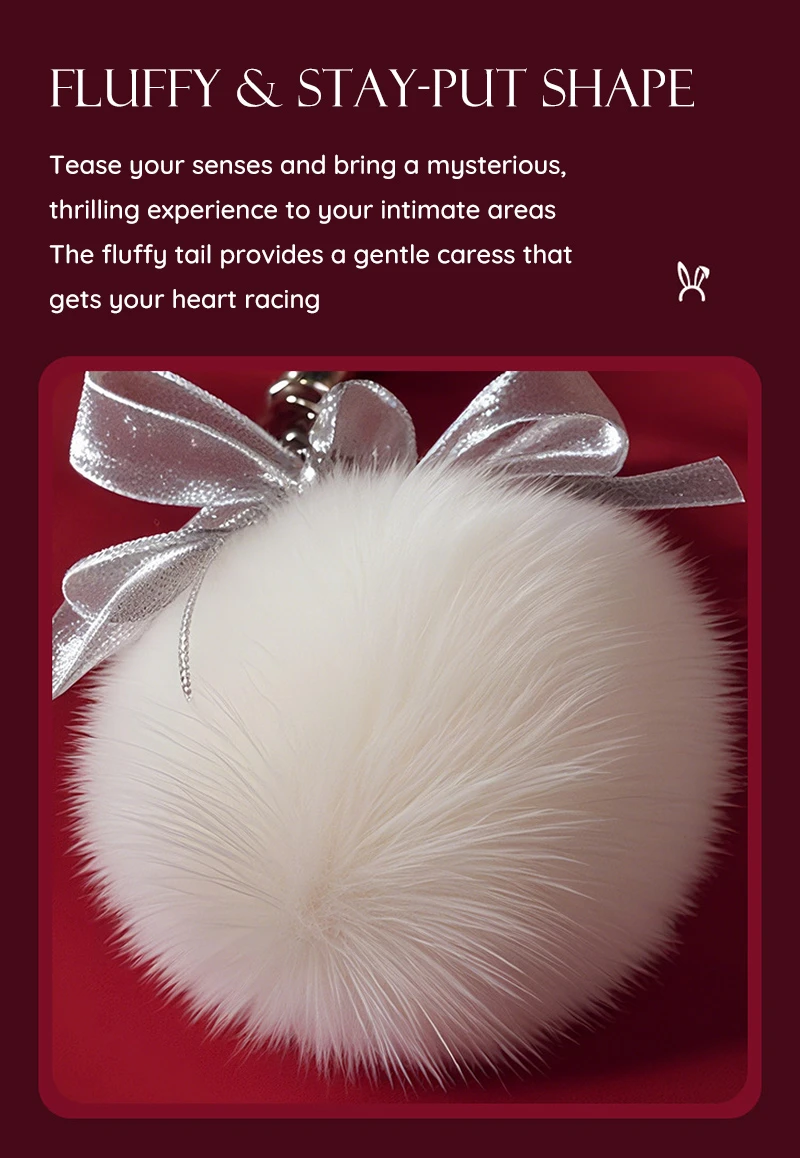 White fluffy bunny tail anal plug with silver bow close-up Discreet Sex Toys Brand - HooHss
