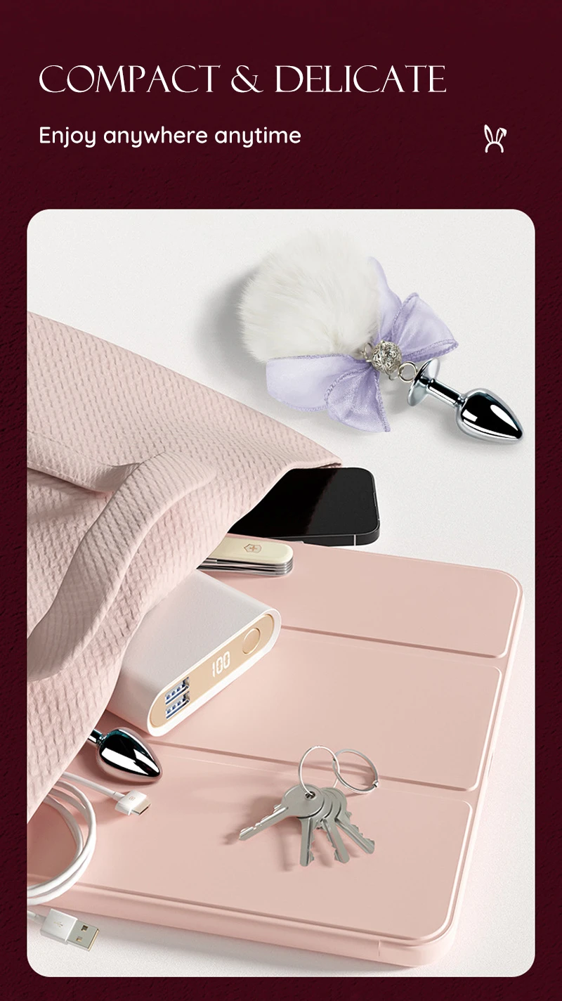 Compact bunny tail anal plug shown beside everyday travel essentials Discreet Sex Toys Brand - HooHss