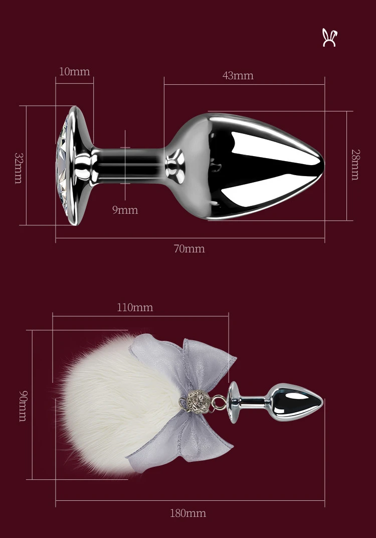 Detachable bunny tail anal plug with size dimensions shown Discreet Sex Toys Brand - HooHss