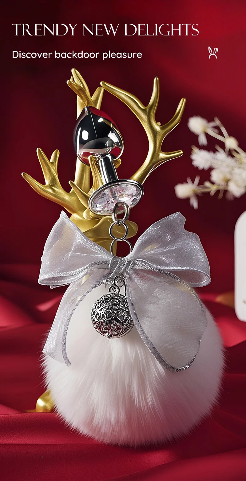 Jeweled bunny tail anal plug with white fluffy tail and ribbon bow Discreet Sex Toys Brand - HooHss