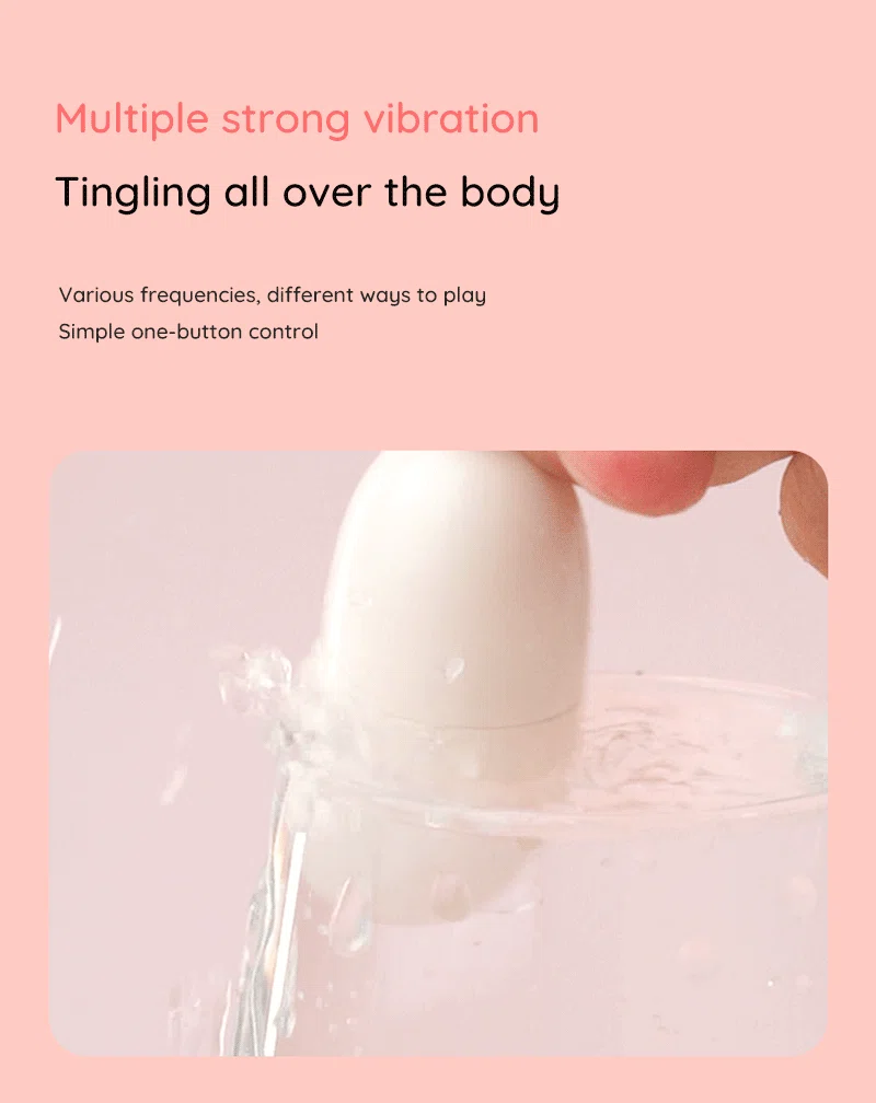 Waterproof egg vibrator dipped in water with text about multiple strong vibration Discreet Sex Toys Brand - HooHss