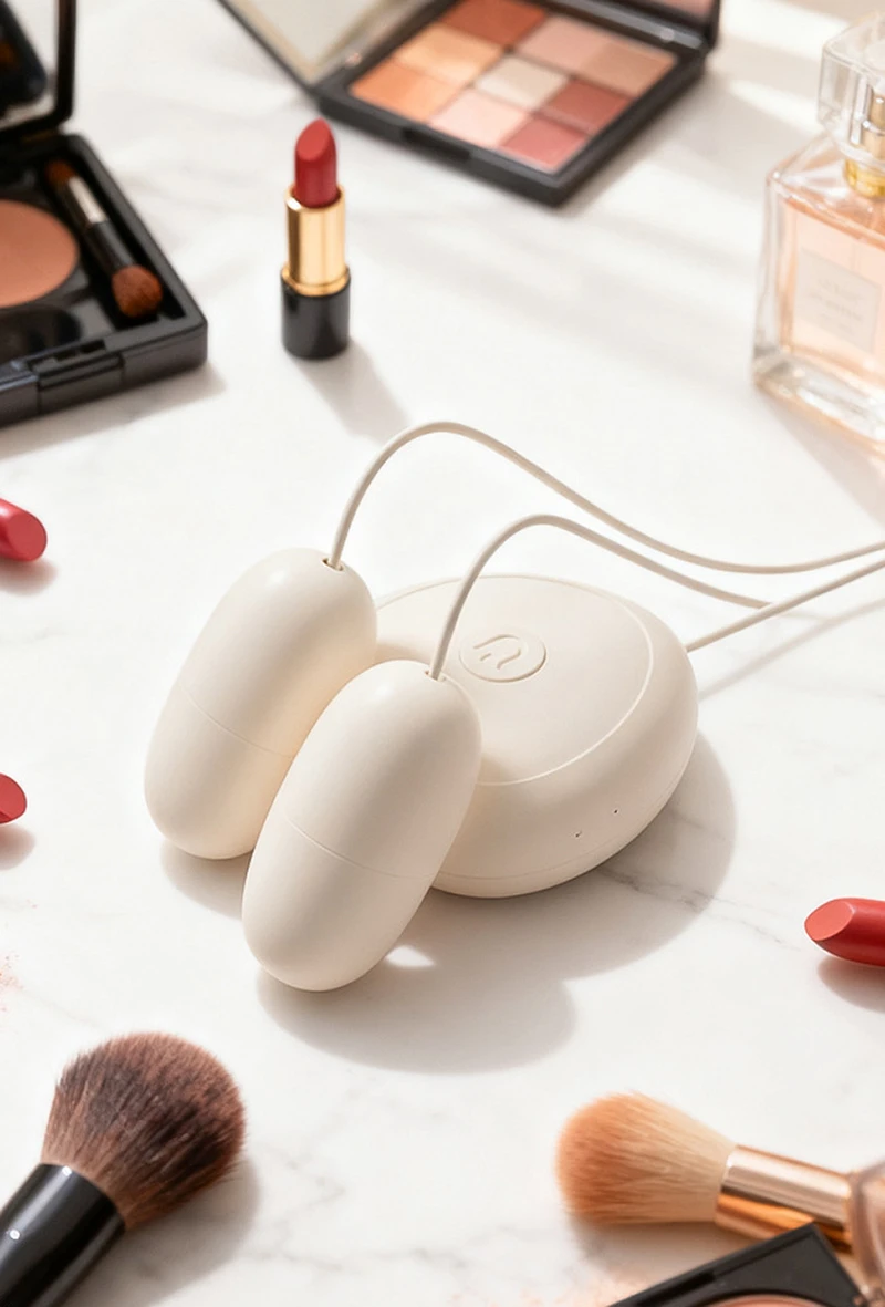 Double vibrator eggs with wired control on vanity table among makeup items Discreet Sex Toys Brand - HooHss
