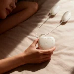 Double egg vibrator with wired heart-shaped control held in hand on bed Discreet Sex Toys Brand - HooHss
