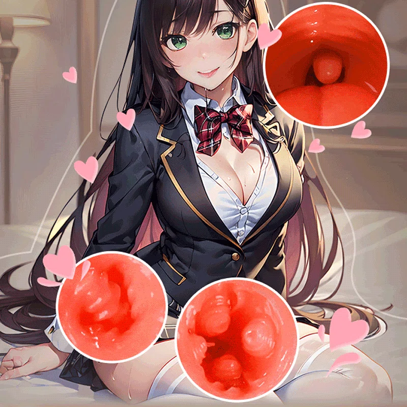 Anime schoolgirl illustration with realistic three hole masturbator insert close-up views Discreet Sex Toys Brand - HooHss