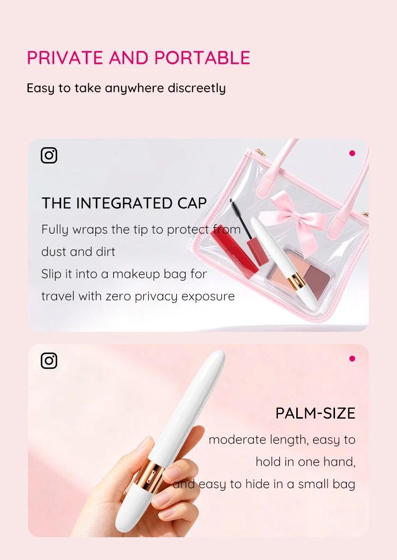 Palm-size beginner vibrator shown with integrated cap and discreet travel makeup bag Discreet Sex Toys Brand - HooHss