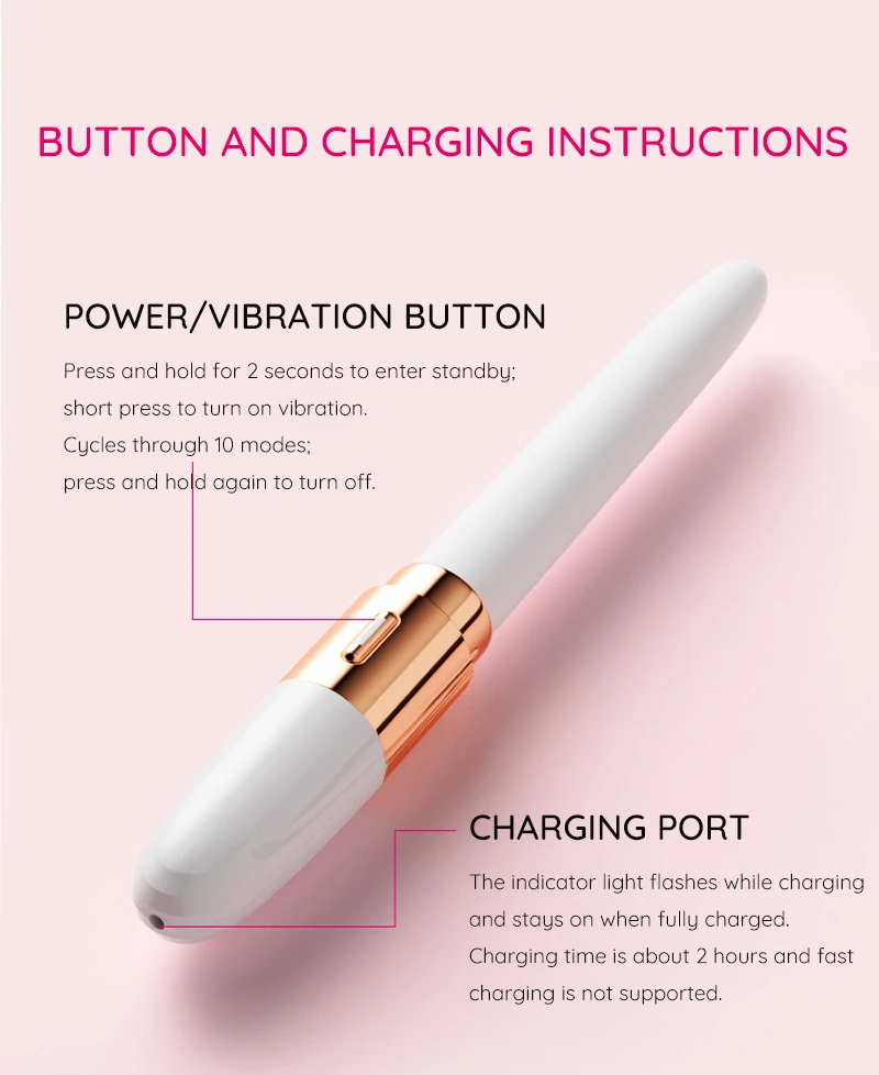 Slim beginner vibrator with labeled power button and charging port instructions Discreet Sex Toys Brand - HooHss